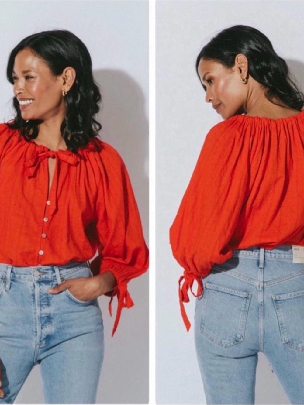 Cleobella Vibrant Red Tie-Neck Peasant Blouse